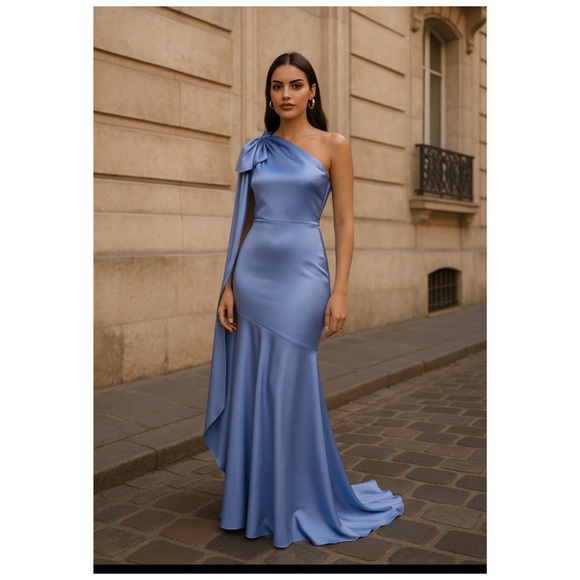 AIDAN MATTOX Satin Asymmetric One Shoulder Mermaid Maxi Gown Size 14 Blue NWT - Picture 3 of 12